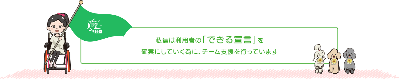 私達は利用者の「できる宣言」を悪実にしていく為に、チーム支援を行っております。